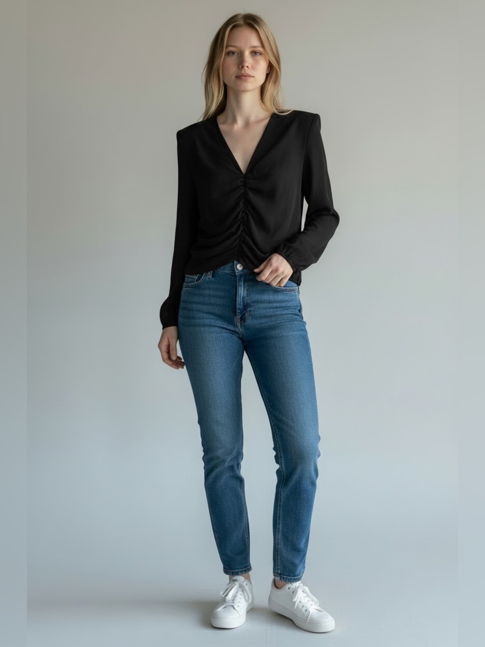 Express Black Long Chiffon Sleeves with a Cinched Front and Shoulder Pads NWT XL